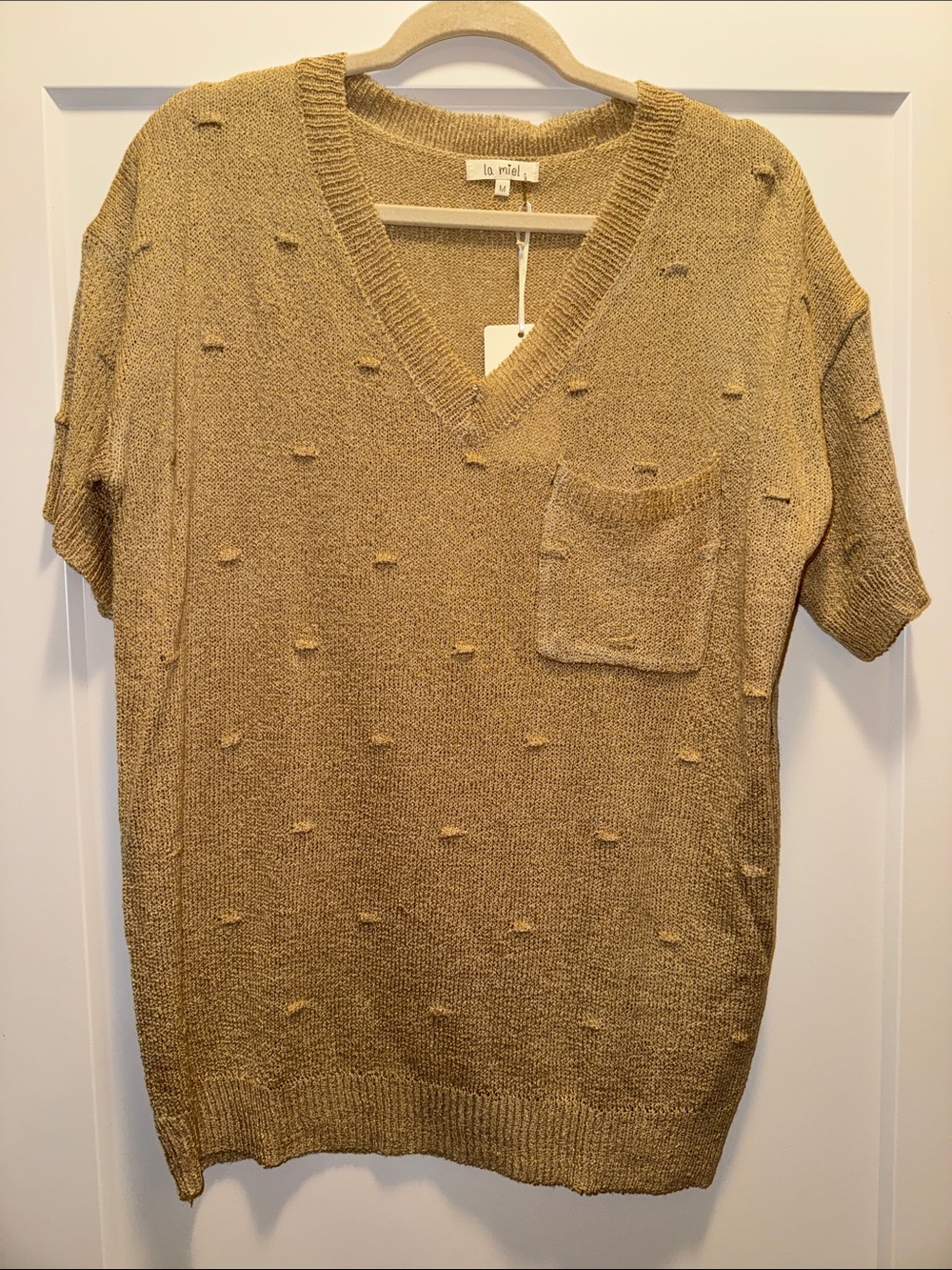 🆕 LA MIEL Oversized Lightweight Short-Sleeve V-Neck Sweater w Pocket. M NWT!🔥